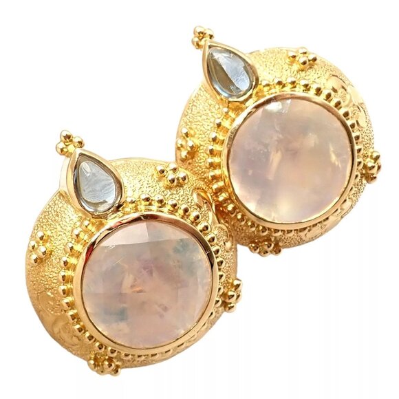 Rare! Vintage Paula Crevoshay 18k Gold Aquamarine Moonstone Round Earrings OOAK - Picture 7 of 12